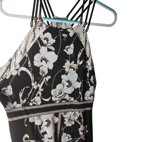 Black Floral Maxi Dress With Strappy Back & Snake Print Trim L - Picture 2 of 9